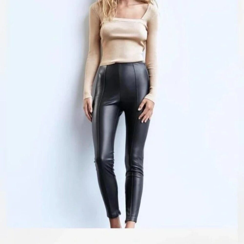 ZARA Black Faux Leather Pants Side Zip and Ankle Zips Sz XS Baddie Urban
